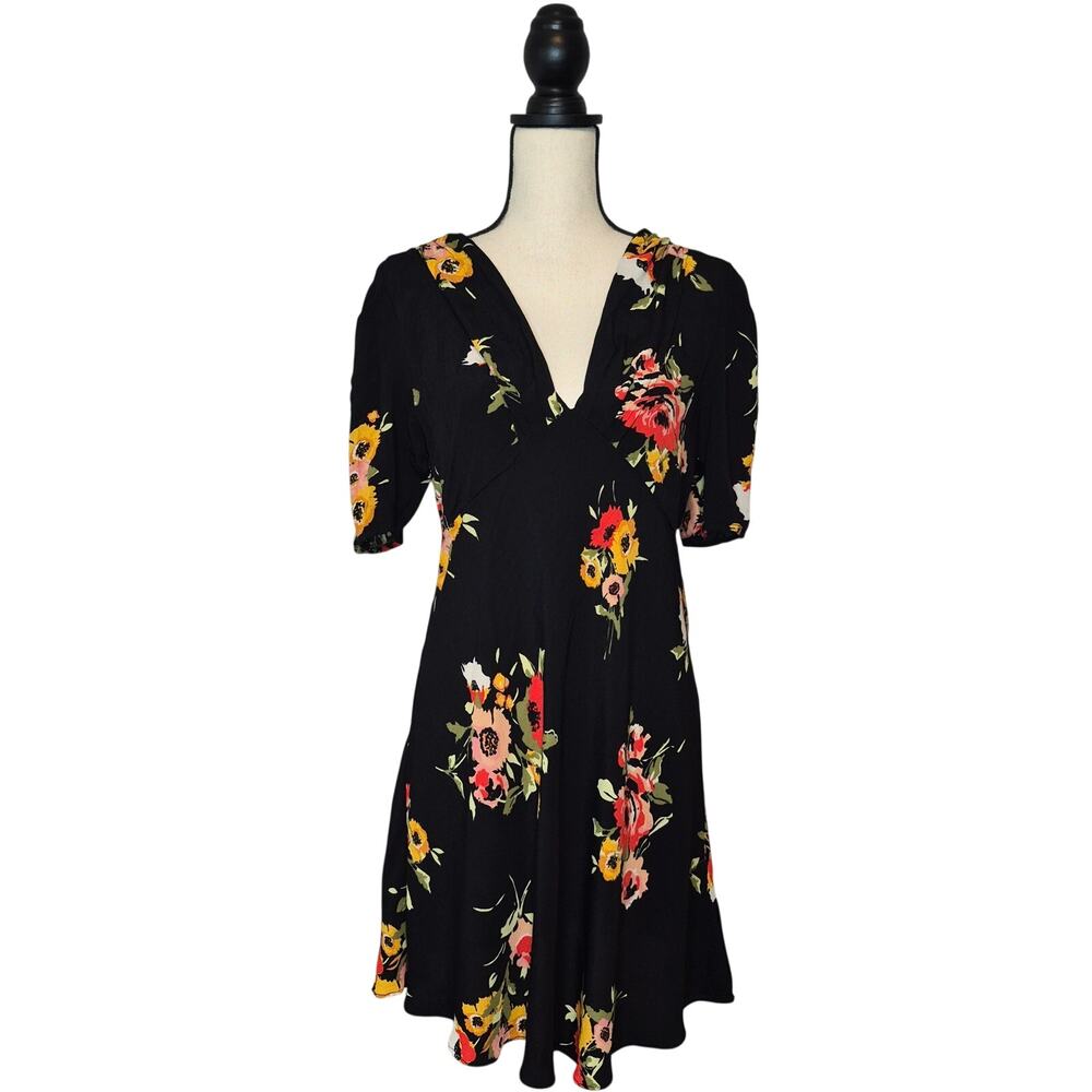 Free People Neon Garden Floral Mini Dress Black Crepe V Neck Puff Sleeve Size 10